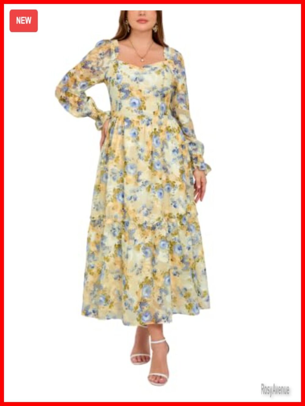 Plus Size Floral Chiffon Dress Long Sleeve Wedding Guest Maxi